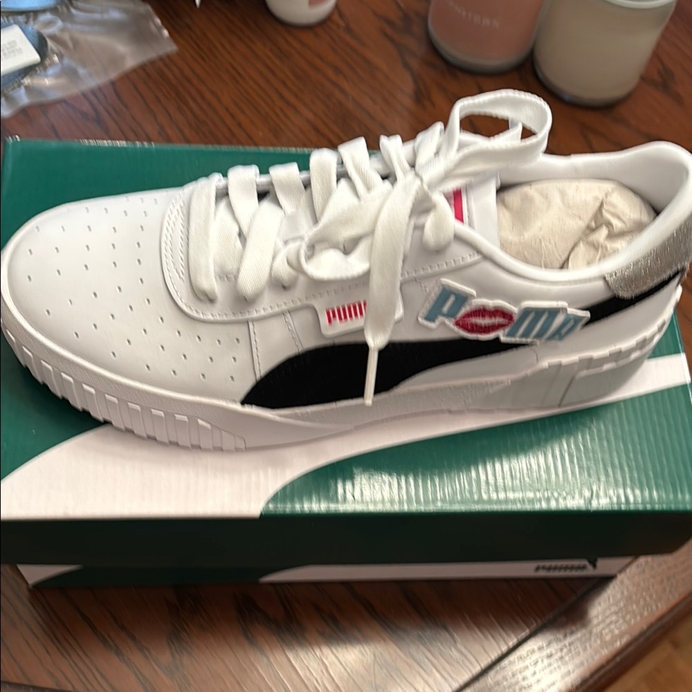 Puma White Sneakers with Black and Pink Accents
